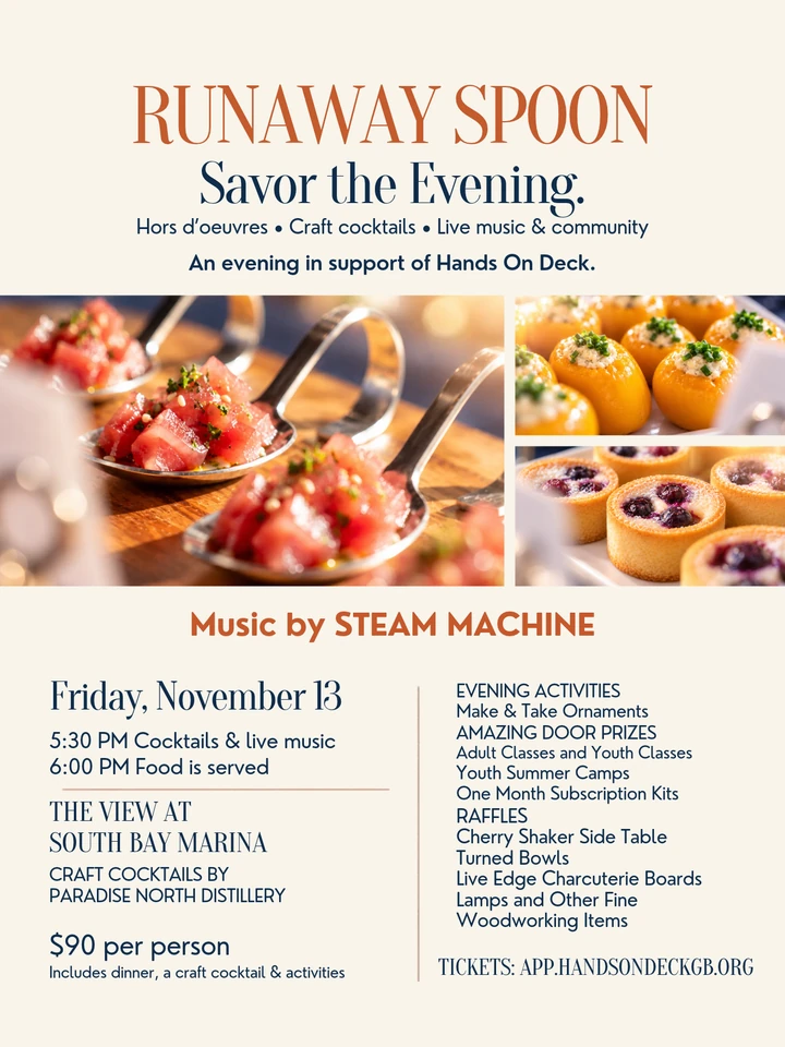 Runaway Spoon Savor the Evening benefit poster: November 13, cocktails and music at 5:30 PM, food at 6 PM, The View at South Bay Marina, $90 per person.