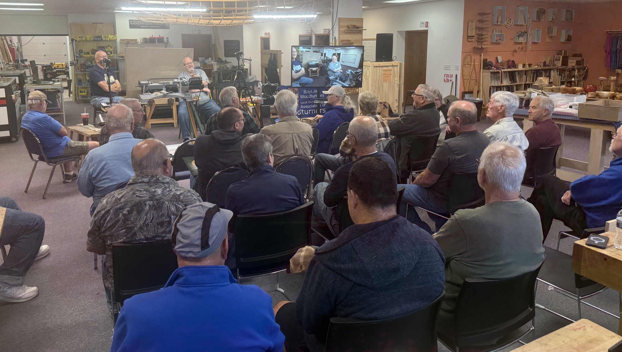 Bay Lake Woodturners gathered for a demonstration in the Hands On Deck workshop
